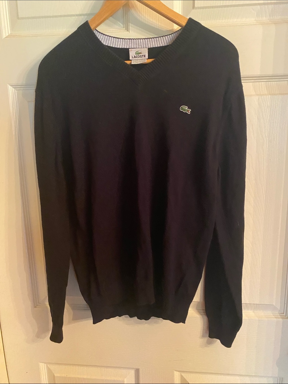 Lacoste Men's V-Neck Sweater in Black with Crocodile Logo